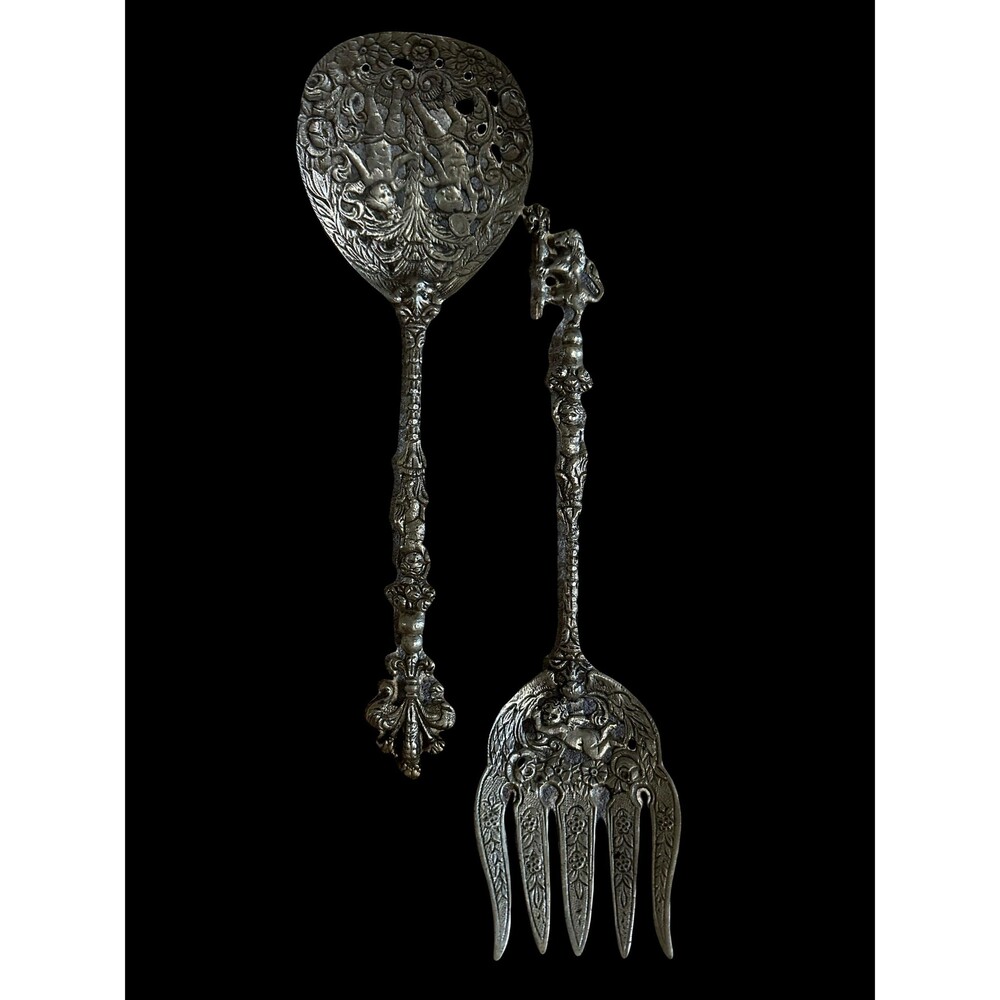 Vintage Italian Ornate Large Cherubs Lion Spoon Fork Serving Utensils Salad